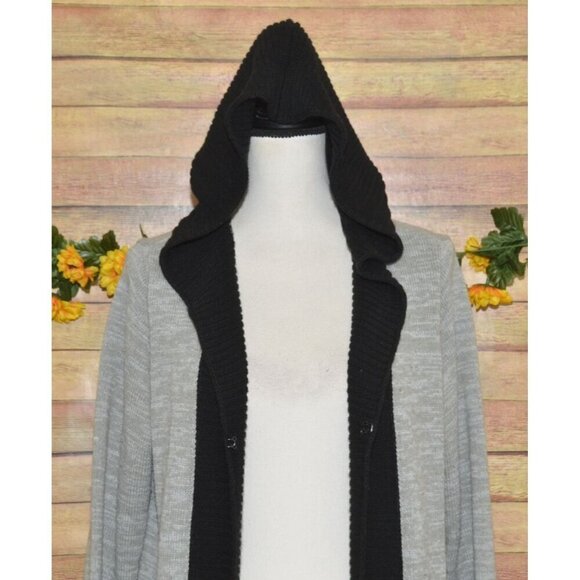 French Dressing Jeans Gray Black Color Block Hooded Long Cardigan Sweater Size L - Picture 7 of 13